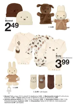 Offre: Bonnet, Marionnette à main, Body, Doudou attache-tétine, Ensemble d'hiver ou Chaussettes