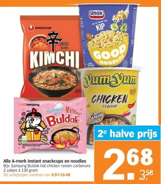 Aanbieding: Alle A-merk instant snackcups en noodles