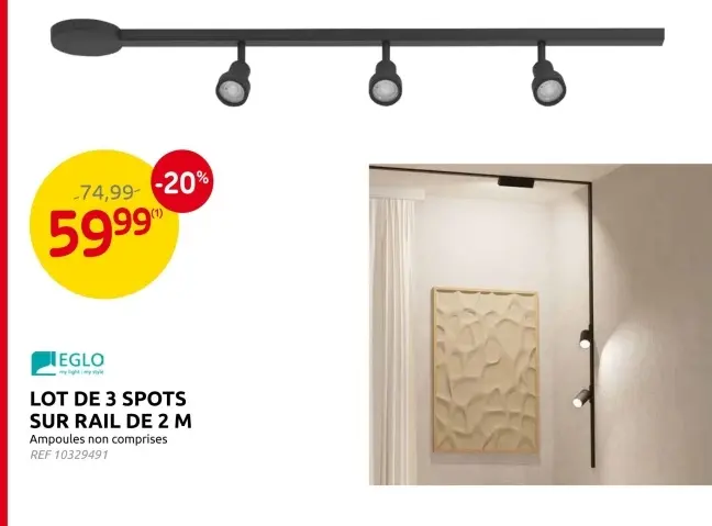 Offre: Lot de 3 spots sur rail de 2 m