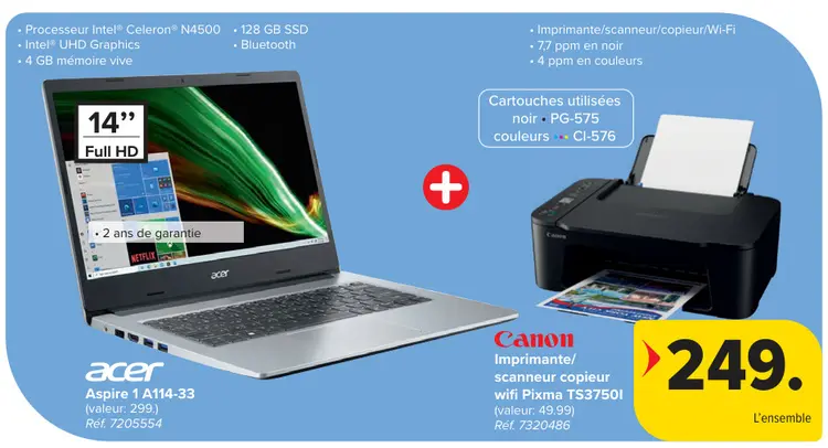 Offre: Acer Aspire 1 A114-33 + Canon Pixma TS3750I