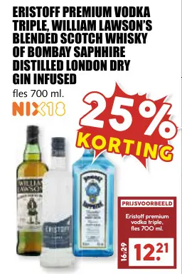 Aanbieding: Eristoff Premium Vodka Triple, William Lawson's blended scotch whisky of bombay saphhire distilled london dry gin infused