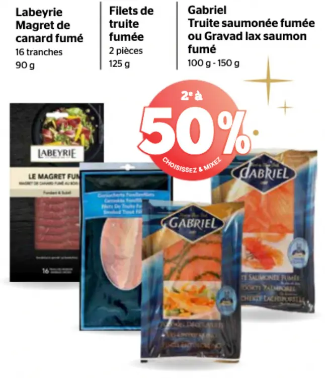 Offre: Labeyrie Magret de canard fumé, Filets de truite fumée, Gabriel Truite saumonée fumée ou Gravad lax saumon fumé