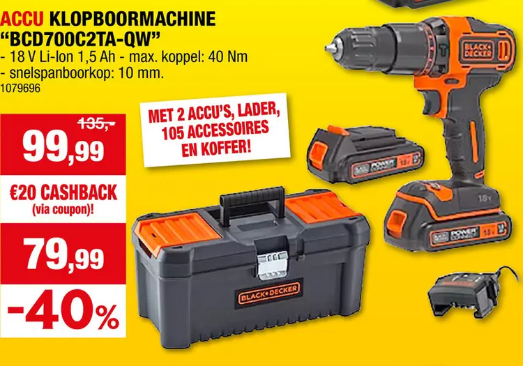 Aanbieding: Black+Decker BCD700C2TA-QW accu klopboorschroefmachine 2x18 V Li-Ion + 2 accu's + lader + 105 accessoires