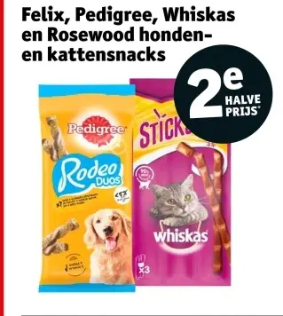 Aanbieding: Felix, Pedigree, Whiskas en Rosewood honden- en kattensnacks
