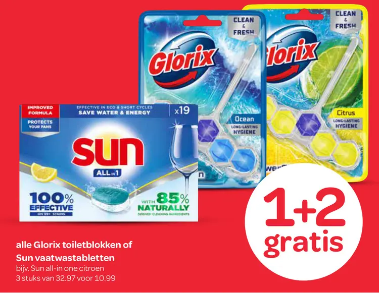 Aanbieding: Glorix toiletblokken of Sun vaatwastabletten