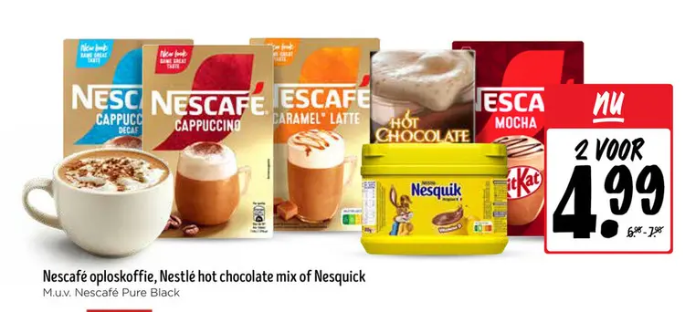 Aanbieding: Nescafé oploskoffie, hot chocolate mix of Nesquick
