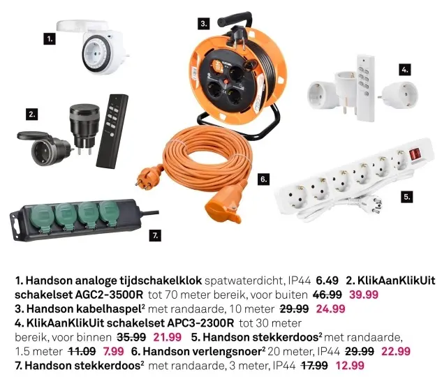 Aanbieding: Tijdschakelklok, schakelset, kabelhaspel, stekkerdoos of verlengsnoer