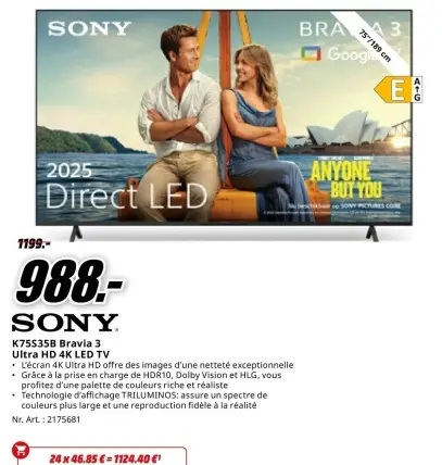 Offre: K75S35B Bravia 3 Ultra HD 4K LED TV