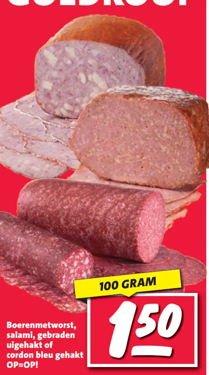 Aanbieding: Boerenmetworst, salami, gebraden uigehakt of cordon blue gehakt