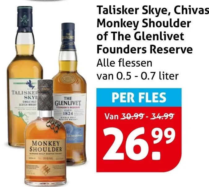 Aanbieding: Talisker Skye, Chivas Monkey Shoulder of The Glenlivet Founders Reserve