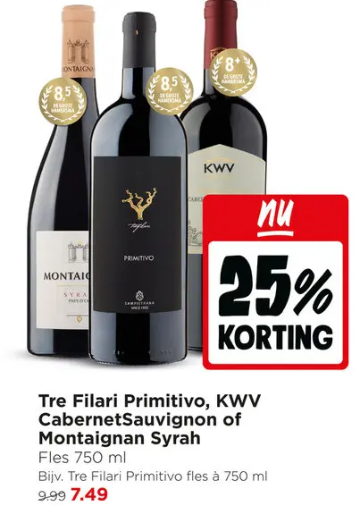 Aanbieding: Tre Filari Primitivo, KWV Cabernet Sauvignon of Montaignan Syrah