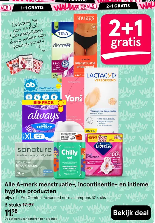 Aanbieding: Alle A-merk menstruatie-, incontinentie- en intieme hygiëne producten