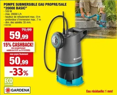 Offre: Gardena Basic 200 pompe vide-cave 550W eau chargée/claire