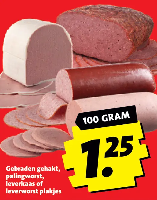 Aanbieding: Gebraden gehakt, palingworst, leverkaas of leverworst plakjes
