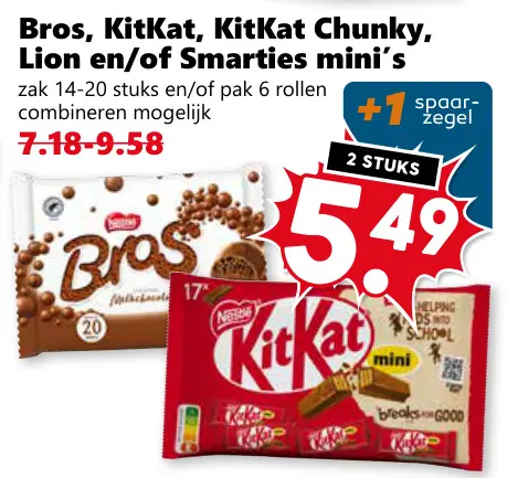Aanbieding: Bros, KitKat, KitKat Chunky, Lion en/of Smarties mini's