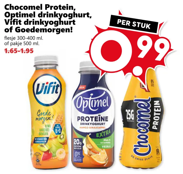 Aanbieding: Chocomel Protein, Optimel drinkyoghurt, Vifit drinkyoghurt of Goedemorgen!
