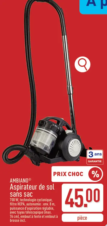 Offre: Aspirateur de sol sans sac