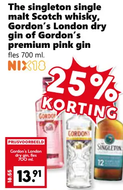 Aanbieding: The Singleton single malt Scotch whisky, Gordon's London dry gin of Gordon's premium pink gin