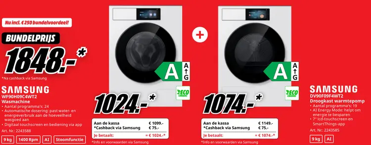 Promotie: Samsung WF90H09C4WT2 Wasmachine + Droogkast warmtepomp