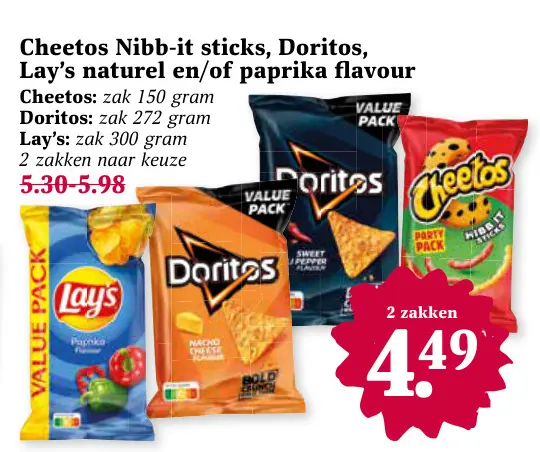 Aanbieding: Cheetos Nibb-it sticks, Doritos, Lay's naturel en/of paprika flavour