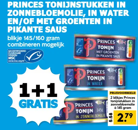 Aanbieding: Tonijnstukken in zonnebloemolie, in water en/of met groenten in pikante saus