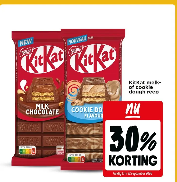 Aanbieding: KitKat melk- of cookie dough reep