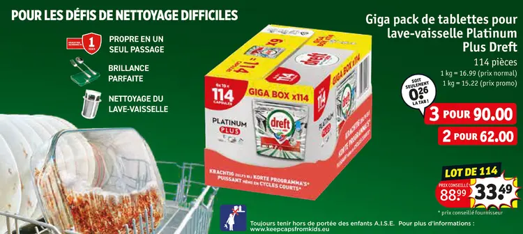 Offre: Giga pack de tablettes pour lave-vaisselle Platinum Plus