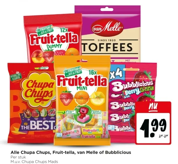 Aanbieding: Alle Chupa Chups, Fruit-tella, van Melle of Bubblicious