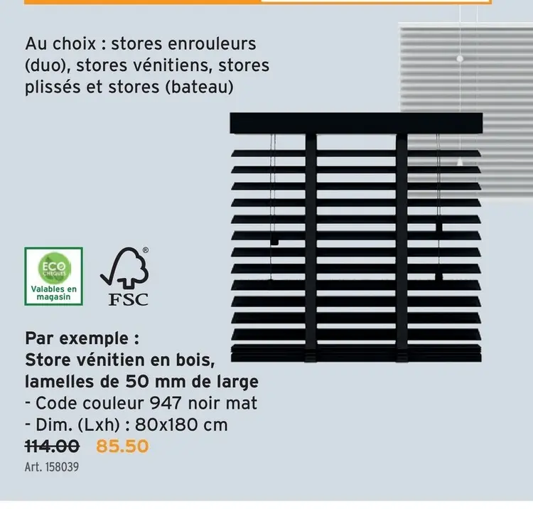 Offre: Store vénitien en bois, lamelles de 50 mm de large