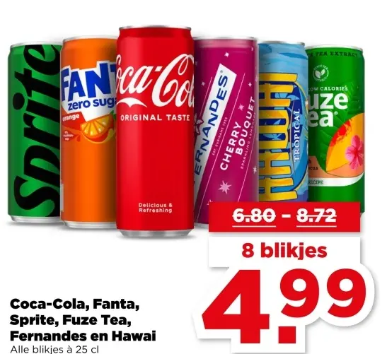 Aanbieding: Coca-Cola, Fanta, Sprite, Fuze Tea, Fernandes en Hawai