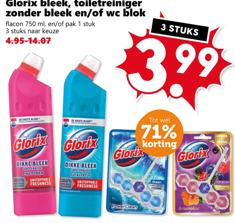 Aanbieding: Glorix bleek, toiletreiniger zonder bleek en/of wc blok