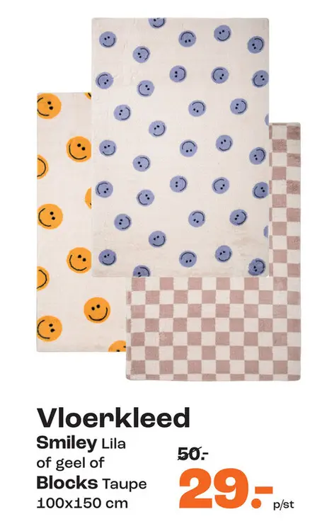 Aanbieding: Vloerkleed Smiley Lila of geel of Blocks Taupe