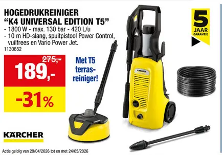 Promotie: Karcher K4 Universal Edition T5 hogedrukreiniger 1700W