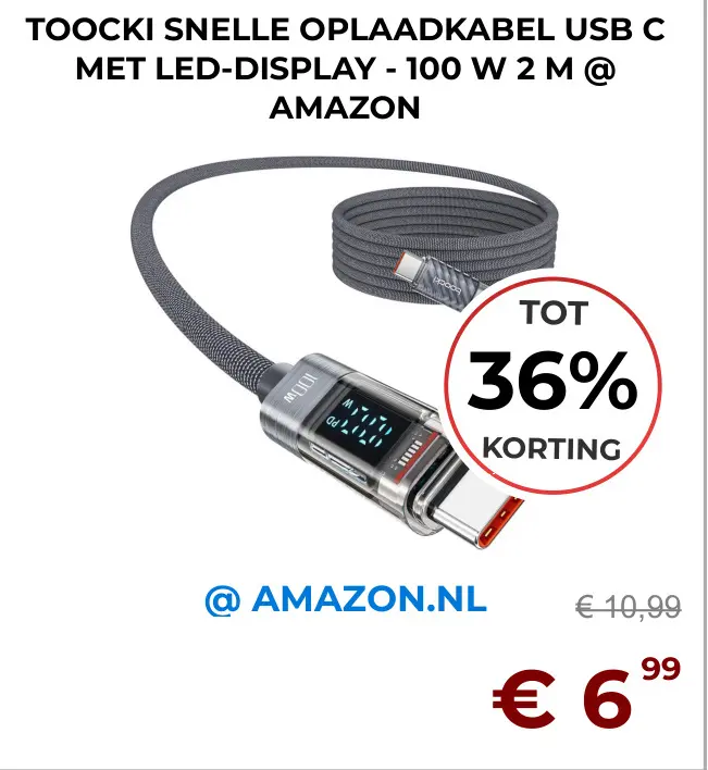 Aanbieding: TOOCKI SNELLE OPLAADKABEL USB C MET LED-DISPLAY - 100 W 2 M @ AMAZON