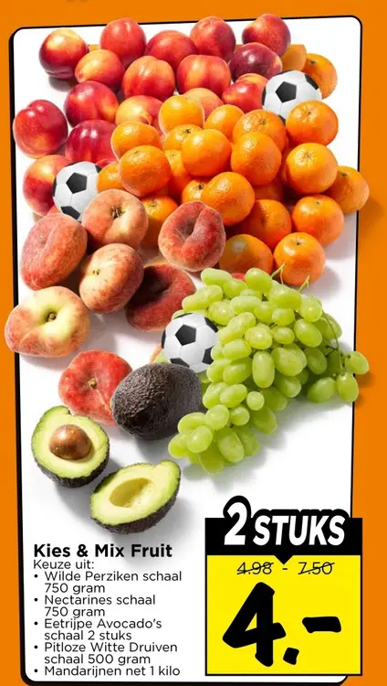 Wilde perziken, Nectarines, Eetrijpe avocado's, Pitloze witte druiven, Mandarijnen
