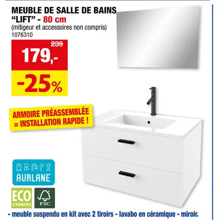 Offre: Aurlane Lift meuble salle de bains set 80cm 2 tiroirs blanc