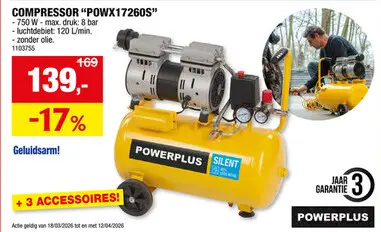 Promotie: Powerplus POWX17260S compressor 750W 24l olievrij geluidsarm + 3 accessoires