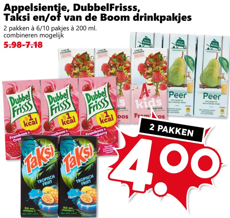 Aanbieding: Appelsientje, DubbelFrisss, Taksi en/of van de Boom drinkpakjes