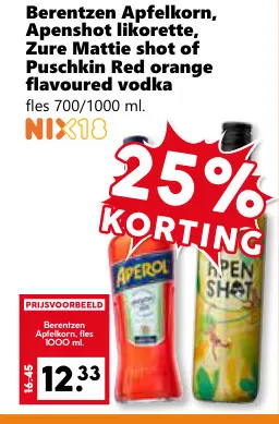 Aanbieding: Berentzen Apfelkorn, Apenshot likorette, Zure Mattie shot of Puschkin Red orange flavoured vodka