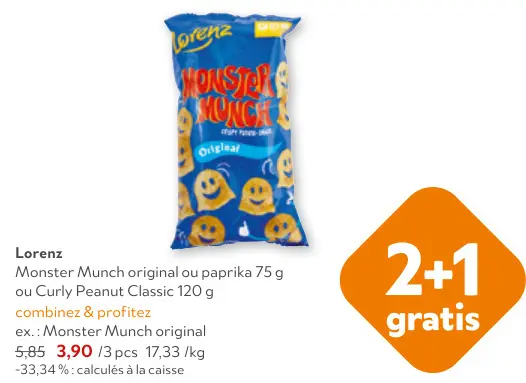 Offre: Monster Munch original ou paprika ou Curly Peanut Classic