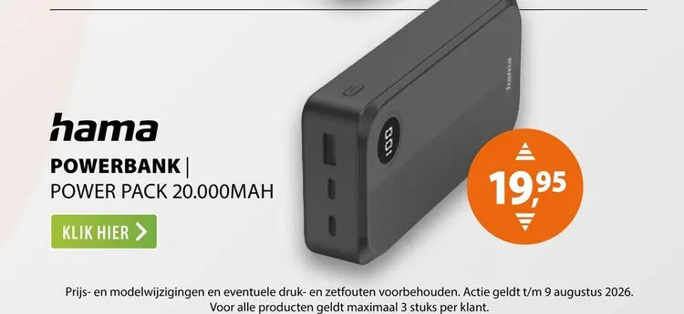 Aanbieding: Hama Power Pack 20.000mAh 3 Uitgangen: 2X USB-C 1X USB-A Zwart