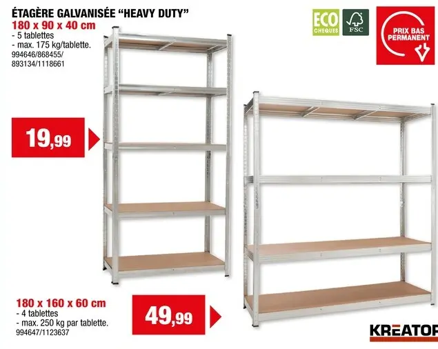 Offre: Kreator KRT674005 étagère 180x160x60 cm métal/bois