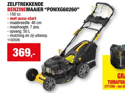 Promotie: Powerplus POWXG60260 benzine grasmaaier zelftrekkend/elektrische start 150cc 46cm