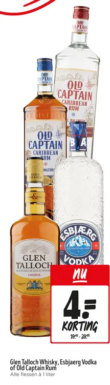 Aanbieding: Glen Talloch Whisky, Esbjaerg Vodka of Old Captain Rum