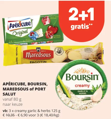 Promotie: APÉRICUBE, BOURSIN, MAREDSOUS of PORT SALUT