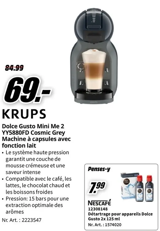 Offre: Dolce Gusto Mini Me 2 YY5880FD Cosmic Grey Machine à capsules avec fonction lait