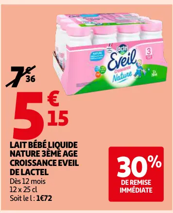 Offre: Lait bébé liquide nature 3ème age croissance 