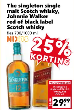 Aanbieding: Single malt Scotch whisky, Johnnie Walker red of black label Scotch whisky