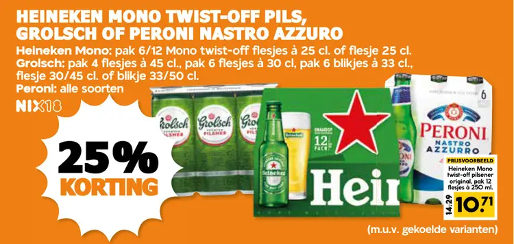 Aanbieding: Heineken mono twist-off pils, Grolsch of Peroni Nastro Azzuro