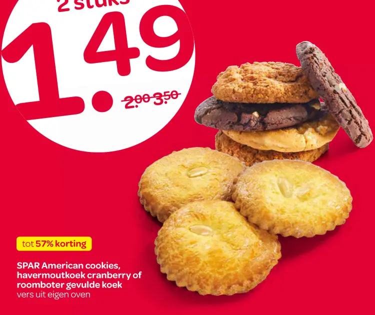 Aanbieding: American cookies, havermoutkoek cranberry of roomboter gevulde koek 